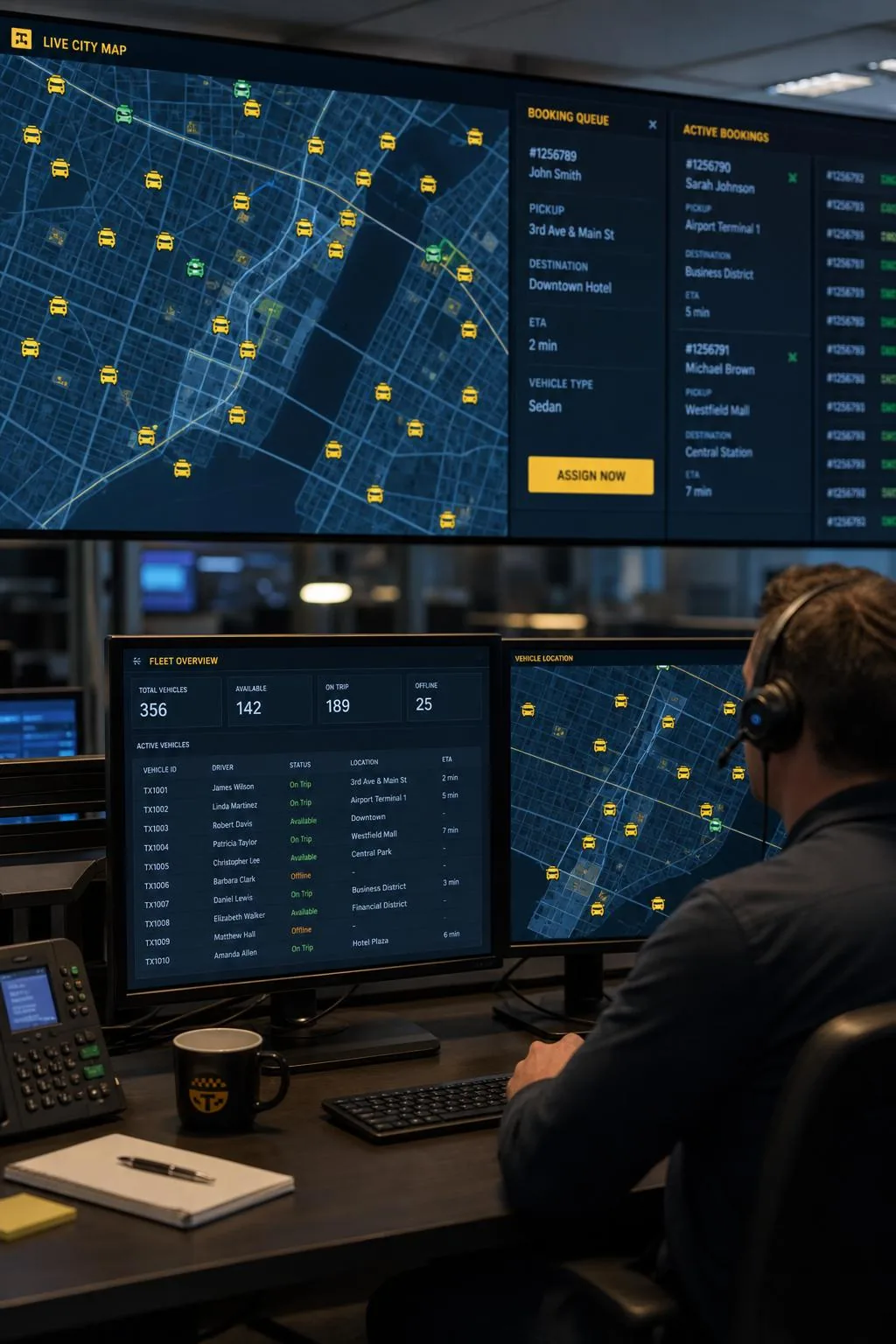 Luxury vehicle dashboard running the Taxi Web Design dispatch console with live route tracking